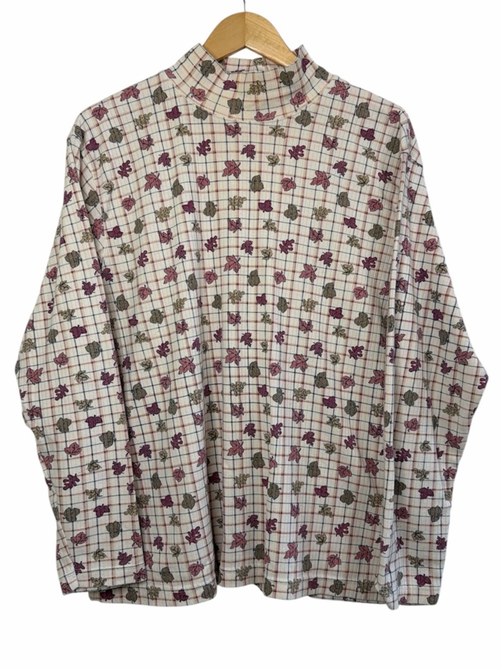 Image Mock Neck Top Plaid Leaf Print Cream Burgundy 2X